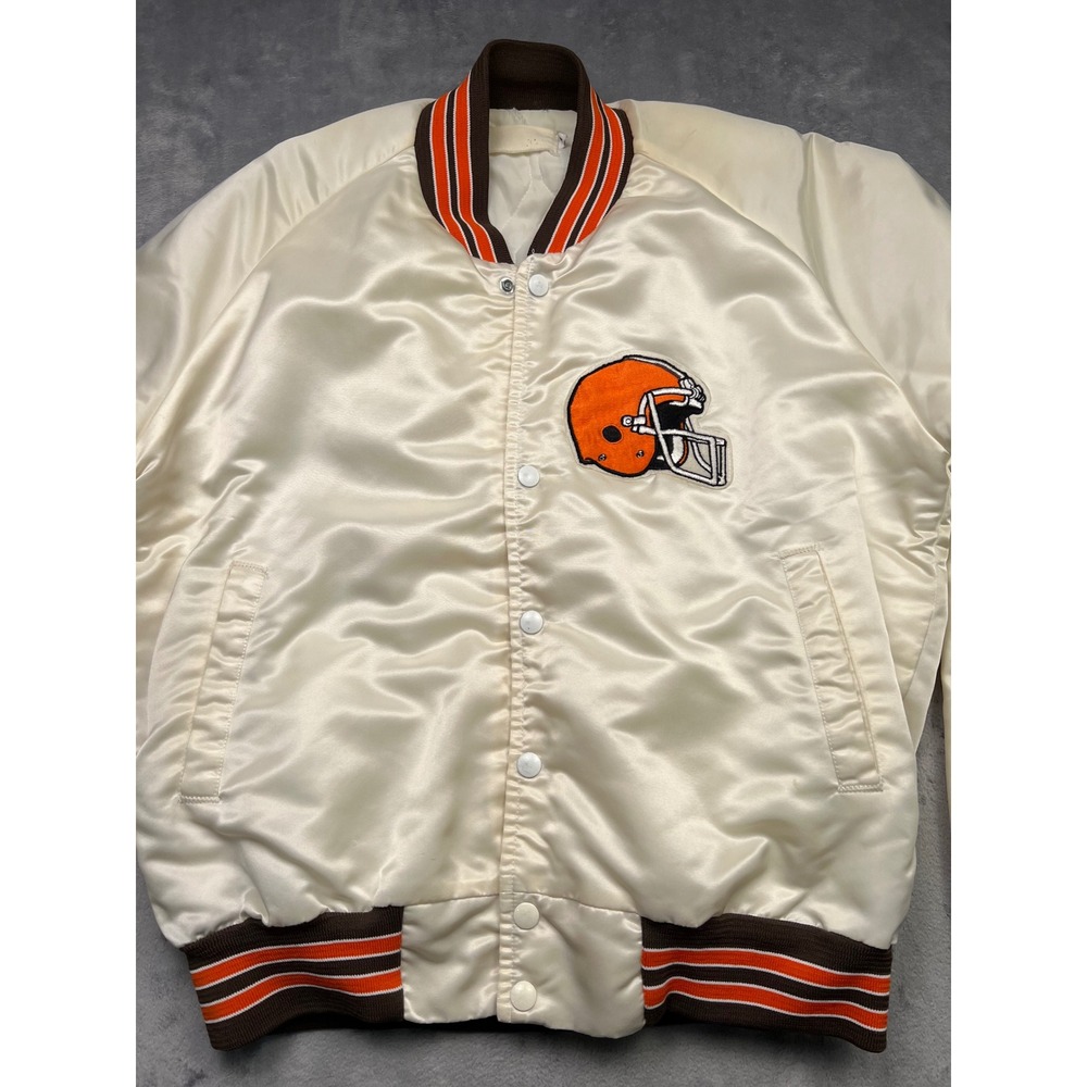 Vintage Cleveland Browns Satin Varsity Bomber Jacket Cream Orange Mens Medium